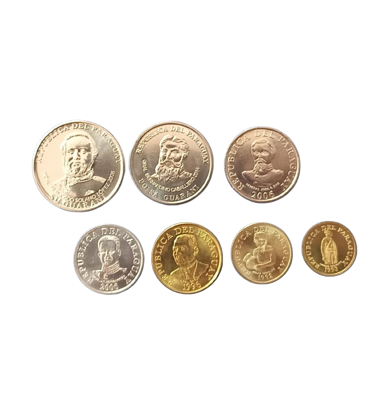 Paraguay set of 7 coins 1,5,10,50,100,500,1000 Guaraníes 1992-2006