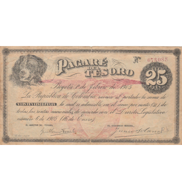Republic of Colombia 25 Pesos 1905 Pick 297D. NOT UNC
