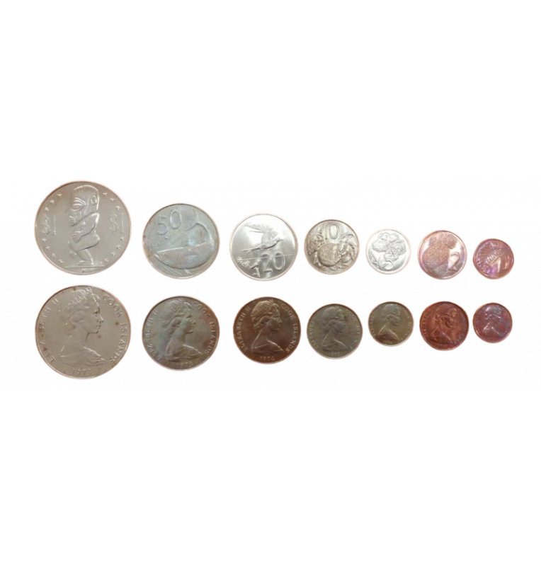 Set of 7 Cook Islands coins: 1, 2, 5, 10, 20 and 50 cents and 1 dollar, years 1973-1975 (not UNC)