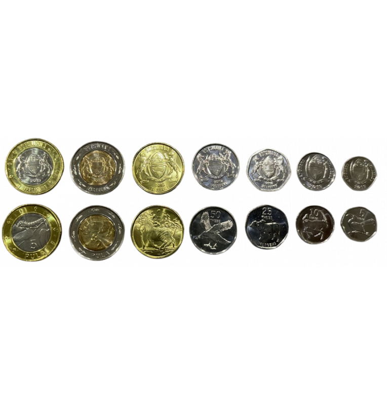 Set 7 Botswana Coins 5,10,25,50 Thebe, 1,2 and 5 Pula 2013-2016