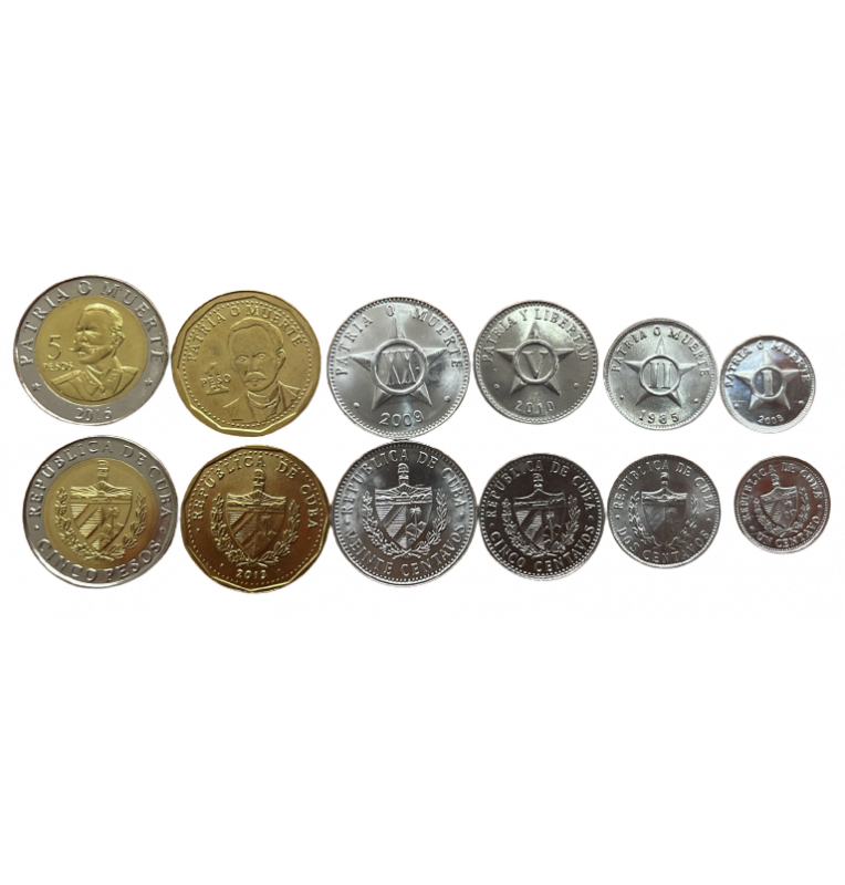 Set of 6 Cuban coins: 1, 2, 5 and 20 cents, 1 and 5 pesos, years 1963-2013