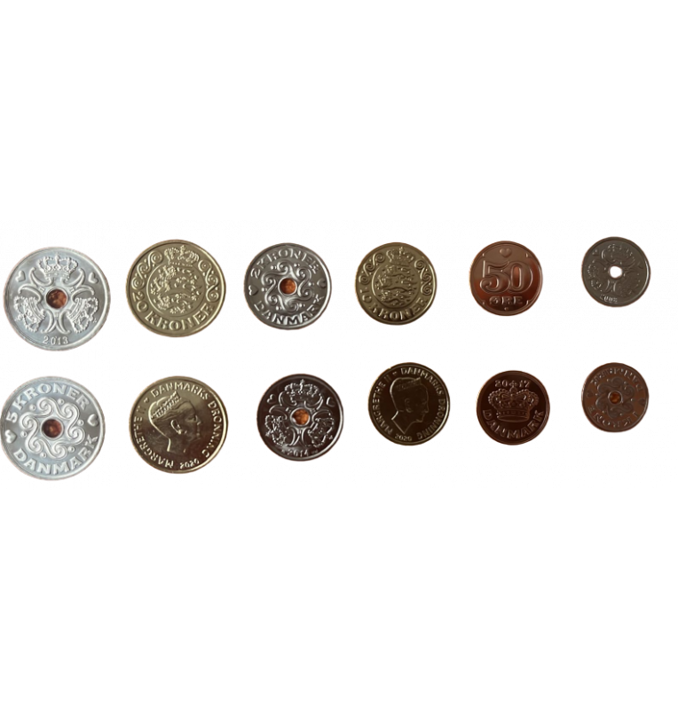 Set of 6 Danish 50 Ore coins: 1, 2, 5, 10 and 20 Kroner, years 1991 - 2020