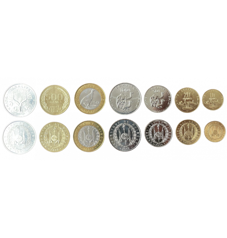 Set of 7 coins from Djibouti: 5, 10, 20, 50, 100, 250 and 500 Francs, years 1977 - 2016