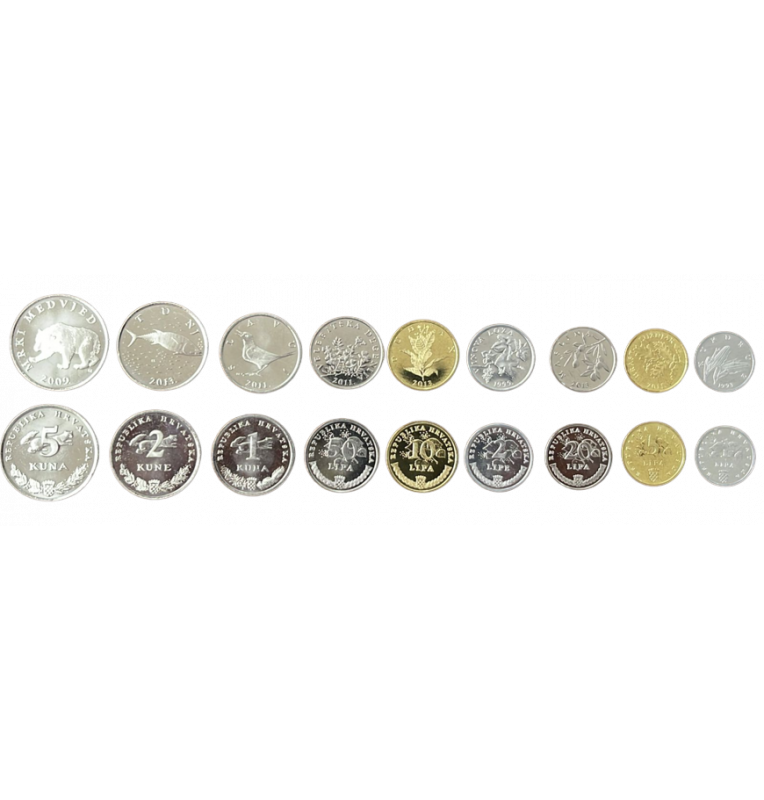 Set of 9 Croatian coins: 1, 2, 5, 10, 20, 50 Lipa, 1, 2, 5 Kuna, 1993-2019