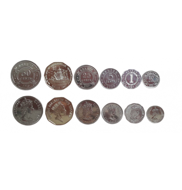 Belize set of 6 coins: 1, 5, 10, 25, 50 cents, 1 dollar, 1974-2010
