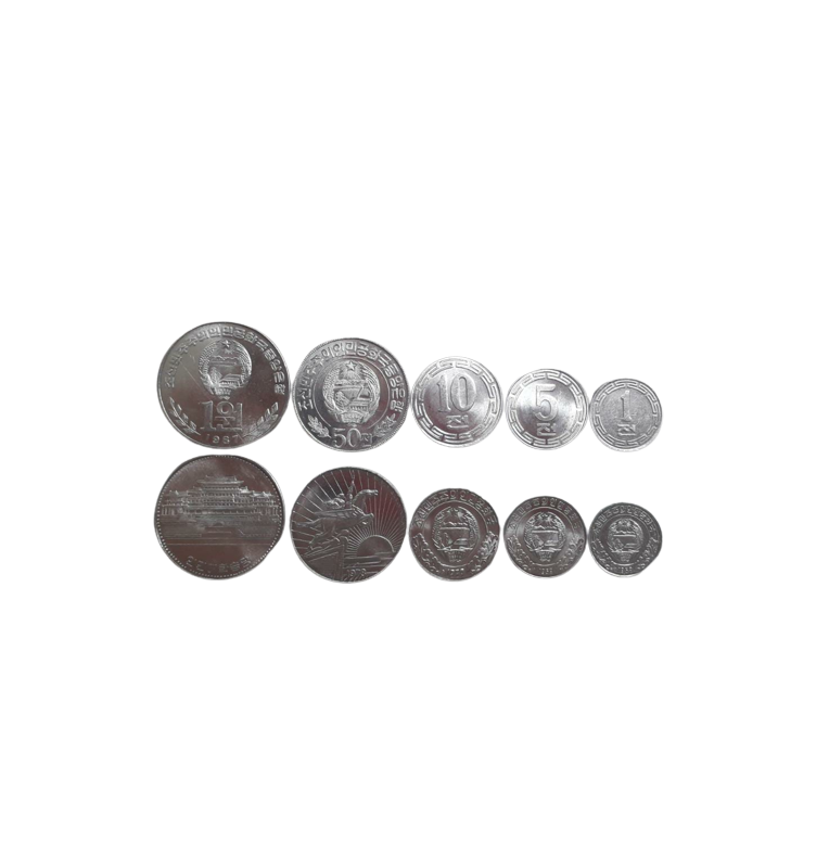 North Korean set of 5 coins: 1, 5, 10, 50 Chon and 1 Won, 1959-1987