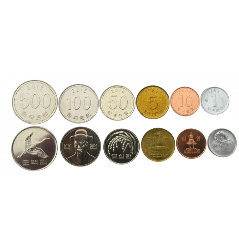 South Korean set of 6 coins: 1, 5, 10, 50, 100, 500 Won, 1982-2013