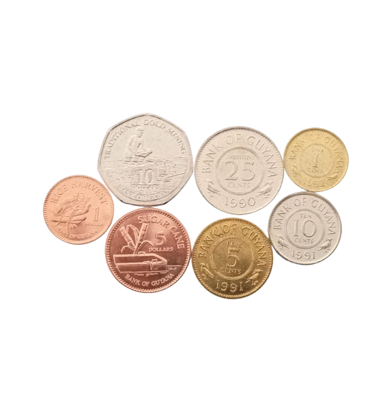 Guyana set of 7 coins: 1, 5, 10, 25 cents, 1, 5, 10 dollars, 1967-2013