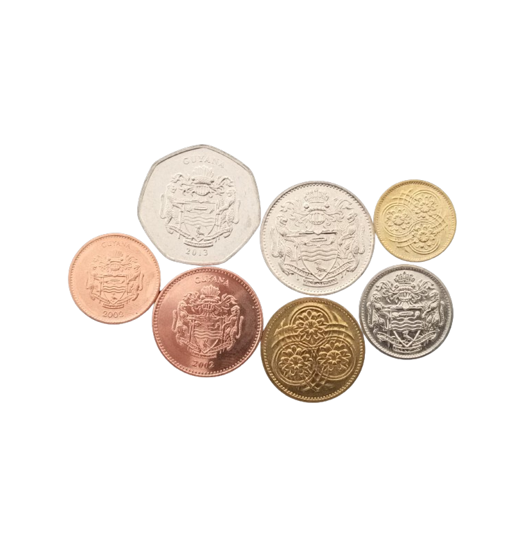 Guyana set of 7 coins: 1, 5, 10, 25 cents, 1, 5, 10 dollars, 1967-2013