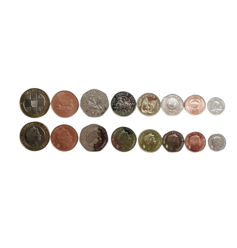 Guernsey set of 8 coins: 1, 2, 5, 10, 20, 50 Pence and 1.2 Pounds, 1998-2012
