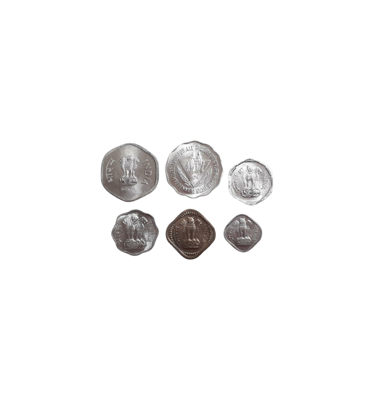 India set of 6 coins 1, 2, 5, 3, 10, 20 Paise 1965-1992