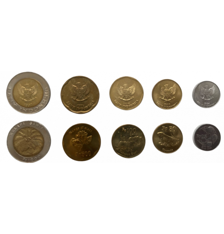 Indonesian Set 25,50,100,500, 1000 Rupiah KM 55,52,53,54,56 1991-2000 (Non-UNC)
