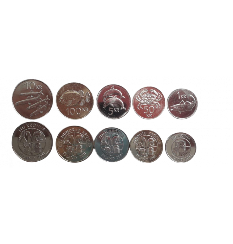 Iceland set of 5 coins 1, 5, 10, 50, 100 Krona 1989-2011 