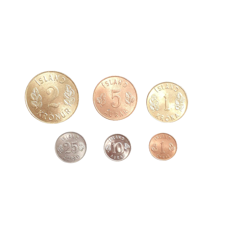 Iceland set of 6 coins 1, 5, 10, 25 Aurar 1 Kronur 1946-1971 NO UNC