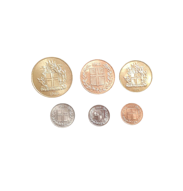 Iceland set of 6 coins 1, 5, 10, 25 Aurar 1 Kronur 1946-1971 NO UNC