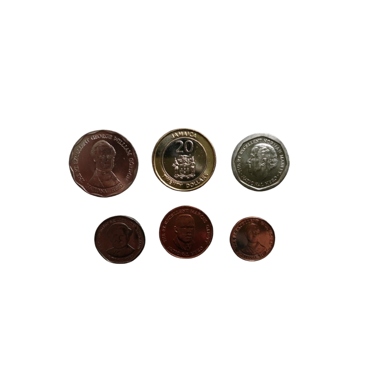 Jamaica set of 6 coins: 10.25 cents, 1, 5, 10, and 20 dollars, 1996-2008