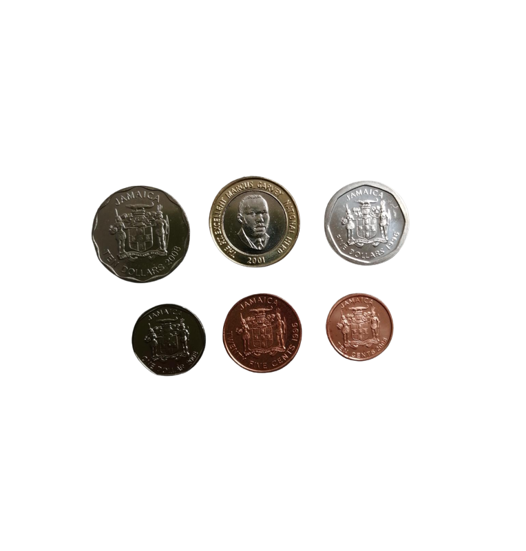 Jamaica set of 6 coins: 10.25 cents, 1, 5, 10, and 20 dollars, 1996-2008