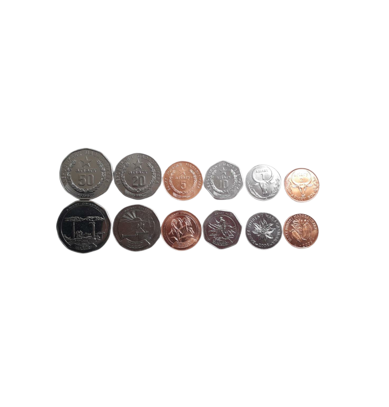 Madagascar set of 6 coins: 1, 2, 5, 10, 20, and 50 Ariary, 1996–2016