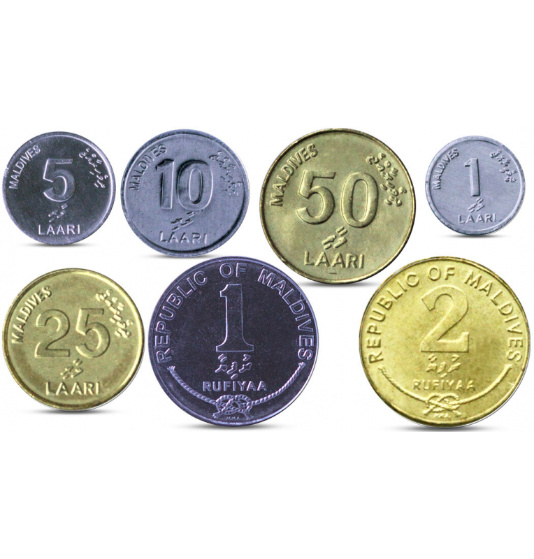 Maldives set of 7 coins 1, 5, 10, 25, 50 Laari 1, 2 Rufiyaa 2007-2012 NON UNC