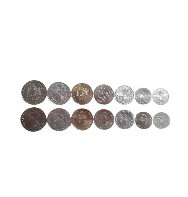 New Caledonia set of 7 coins: 1, 2, 5, 10, 20, 50, and 100 Francs, 2006–2020