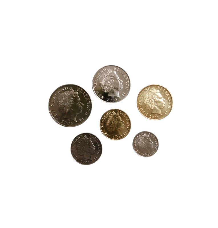 New Zealand set of 6 coins: 5, 10, 20, 50 cents, 1, 2, and 3 dollars, 1999-2010