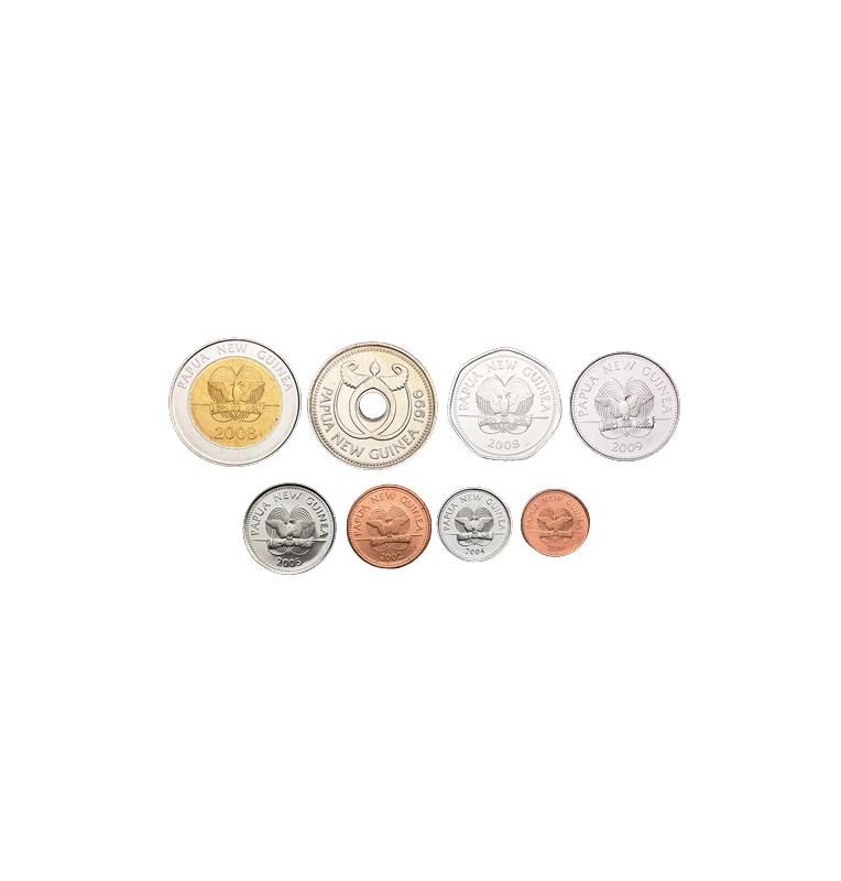 Set de Papúa Nueva Guinea 8 monedas  1, 2, 5, 10, 20, 50 Toea 1, 2 Kina 2004-2008