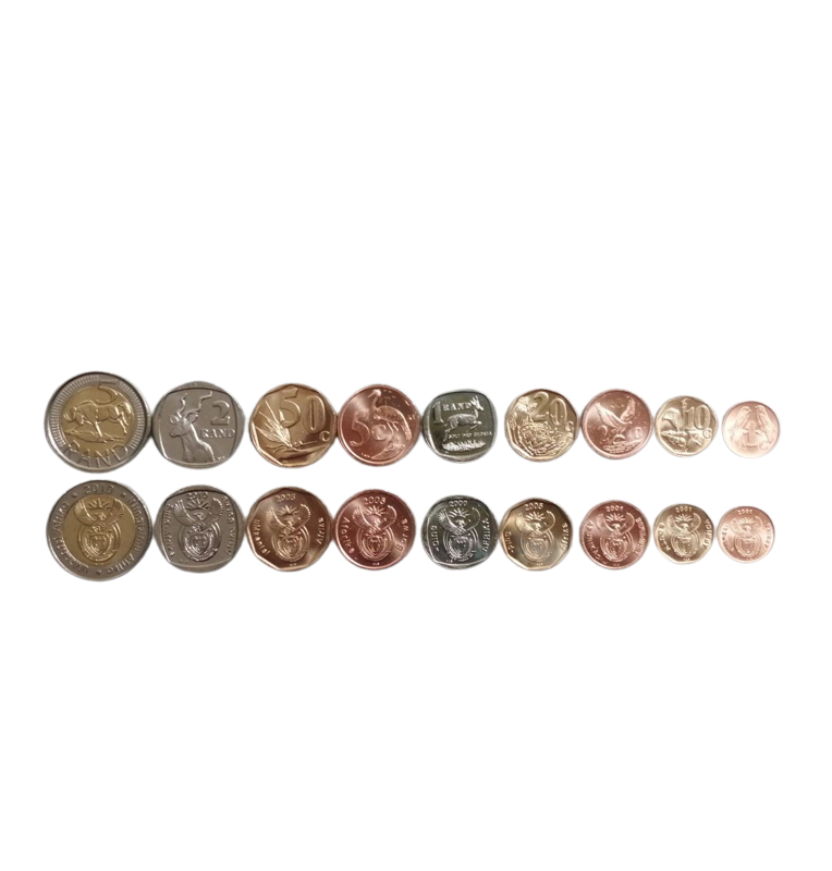 South Africa set of 9 coins: 1, 2, 5, 10, 20, 50 cents, 1, 2, 5 rand, 2000 - 2010