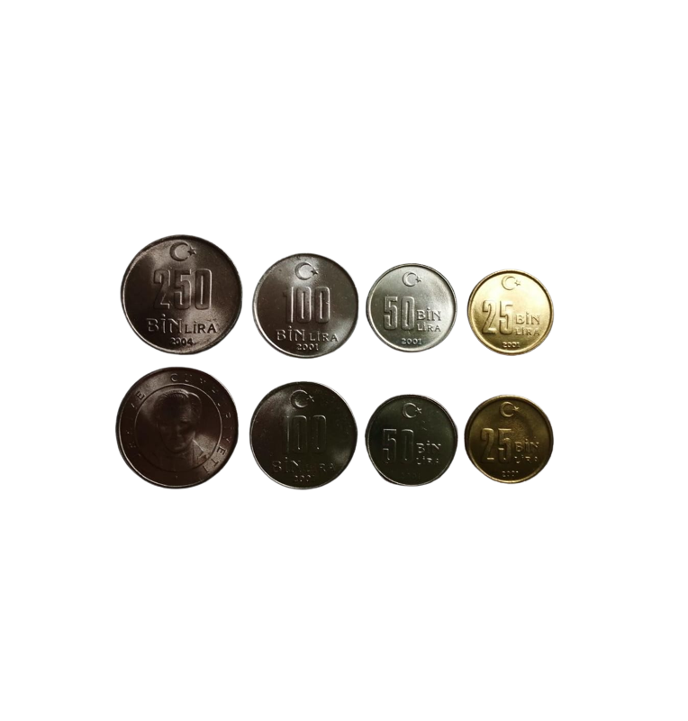 Türkiye Set of 4 Coins 25000, 50000, 100000, 250000 Liras 2001-2004
