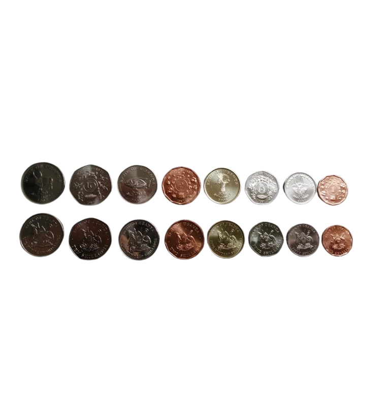 Uganda set of 8 coins: 1, 2, 5, 10, 20, 50, 100, 200, and 500 Shillings, 1987–2009