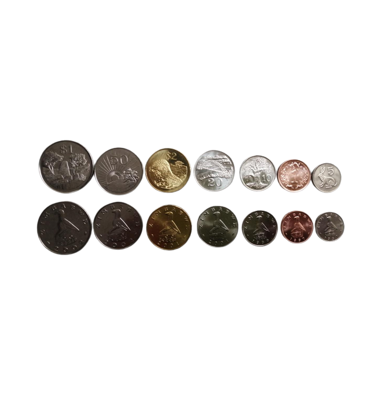 Zimbabwe set of 7 coins: 1, 5, 10, 20, 50 cents, 1, 2 dollars, 1980-2003