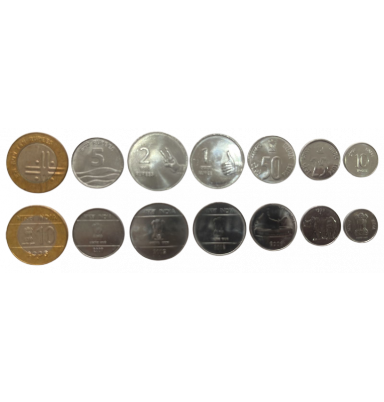 Indian Coin Set 10, 25, 50 Paise 1, 2, 5, 10 Rupees 1988-2010 (7 coins)
