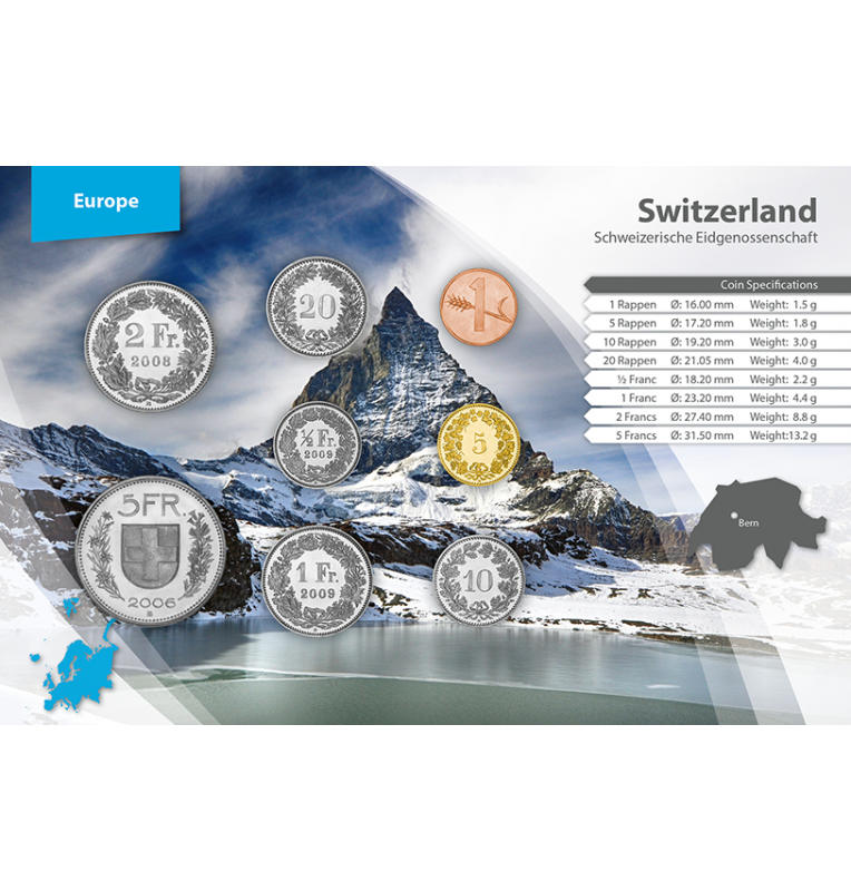 Switzerland 1, 5, 10, 20 Rappen, 1/2, 1, 2, 5 francs 1970-2017 KM 46, 26, 27, 29, 23, 24, 21, 40
