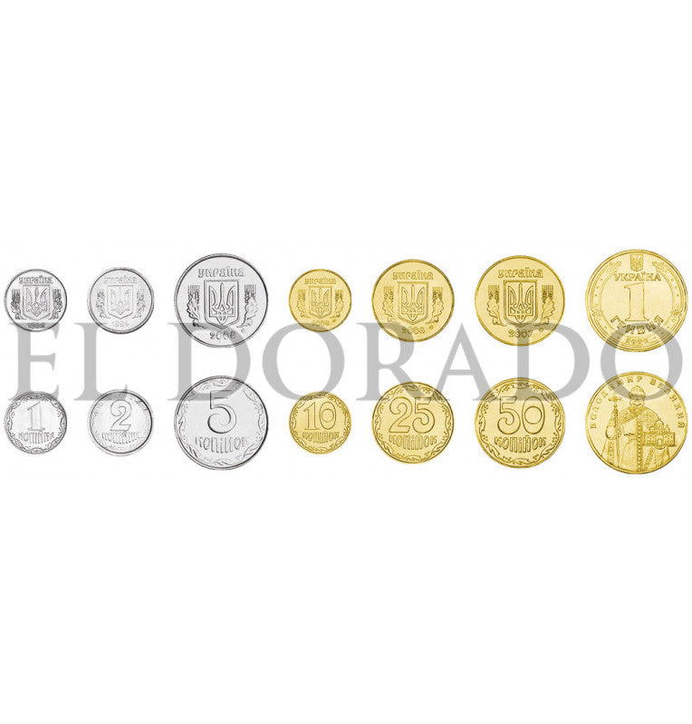 Ukraine 1, 2, 5, 10, 25, 50 Kopeks, 1 Hryvnia 1992-2019 KM 6, 4, 7, 1, 2, 3, 209