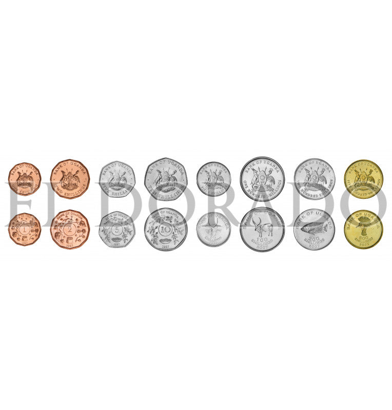 Uganda 1, 2, 5, 10, 50, 100, 200, 500 Chelines 1987-2007 KM 27, 28, 29, 30, 66, 67, 68, 69