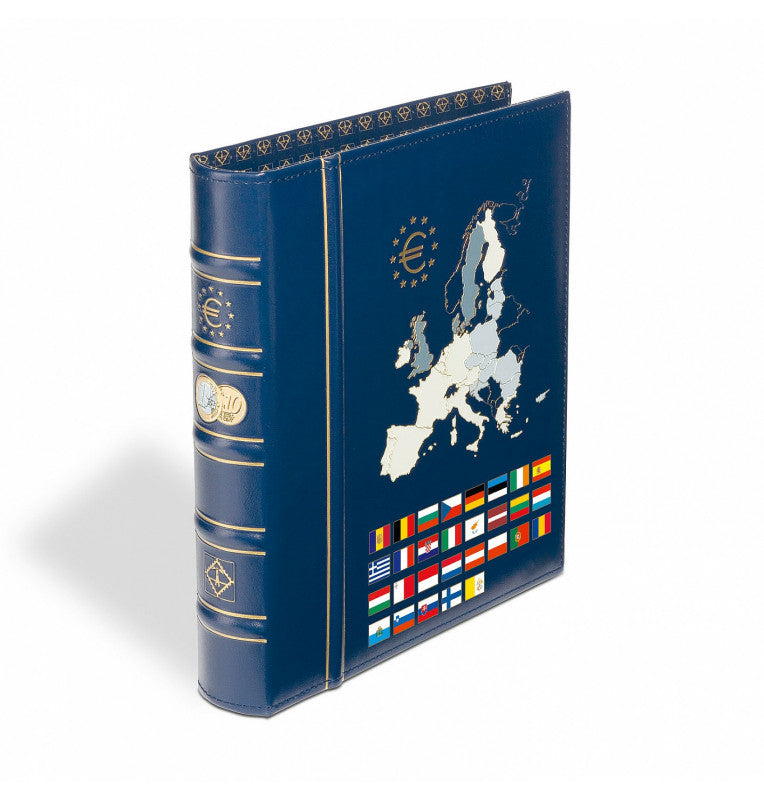 Euro classic cover view, engravings on the spine and on the cover with a box, blue