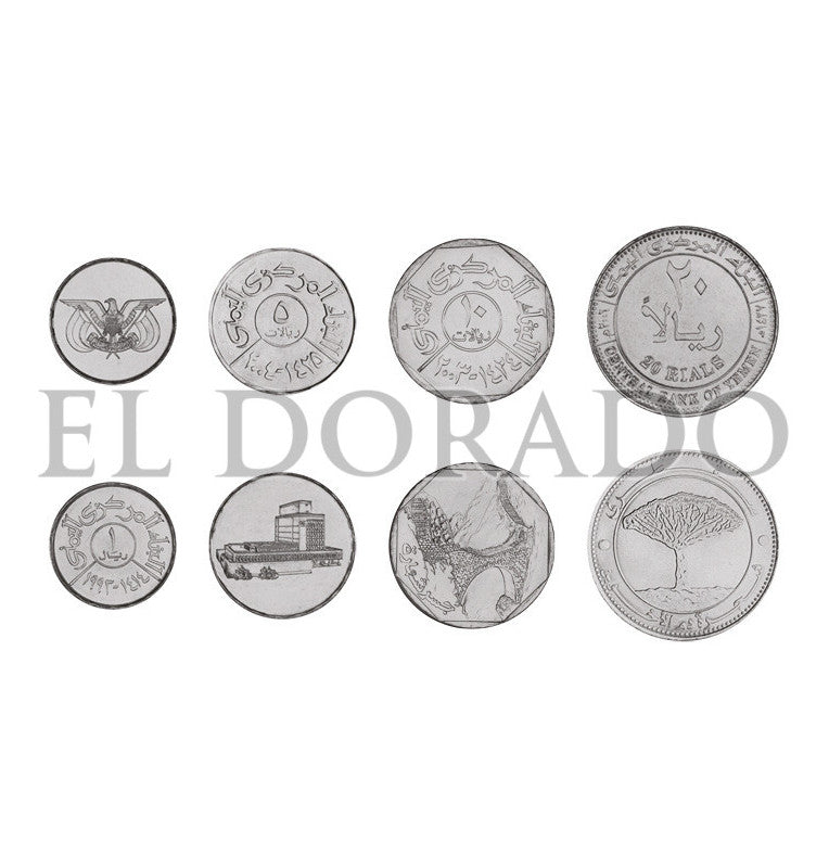 Yemen 1, 5, 10, 20 riyals 1993-2009 KM25, 26, 27, 29a