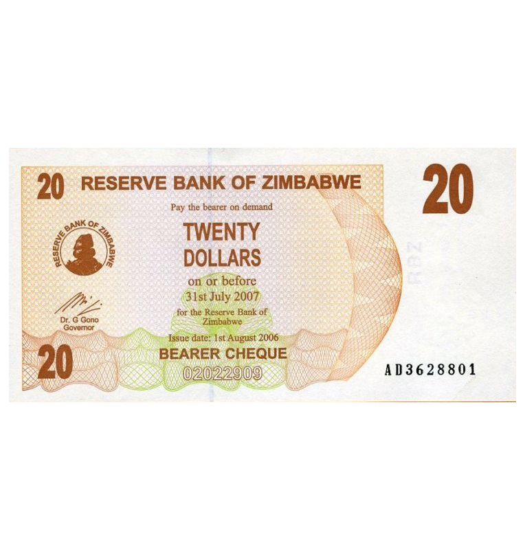 Zimbabwe 20 Dollars 2006 Pick 40 NO UNC
