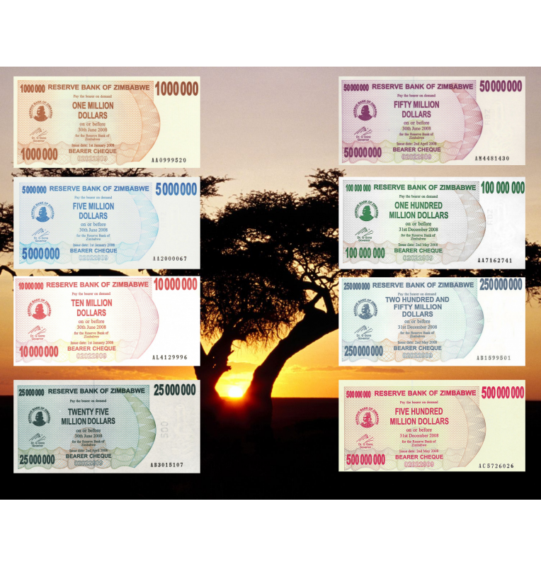 Zimbabwe Banknote Set 2008 Pick 53, 54, 55, 56, 57, 58, 59, 60