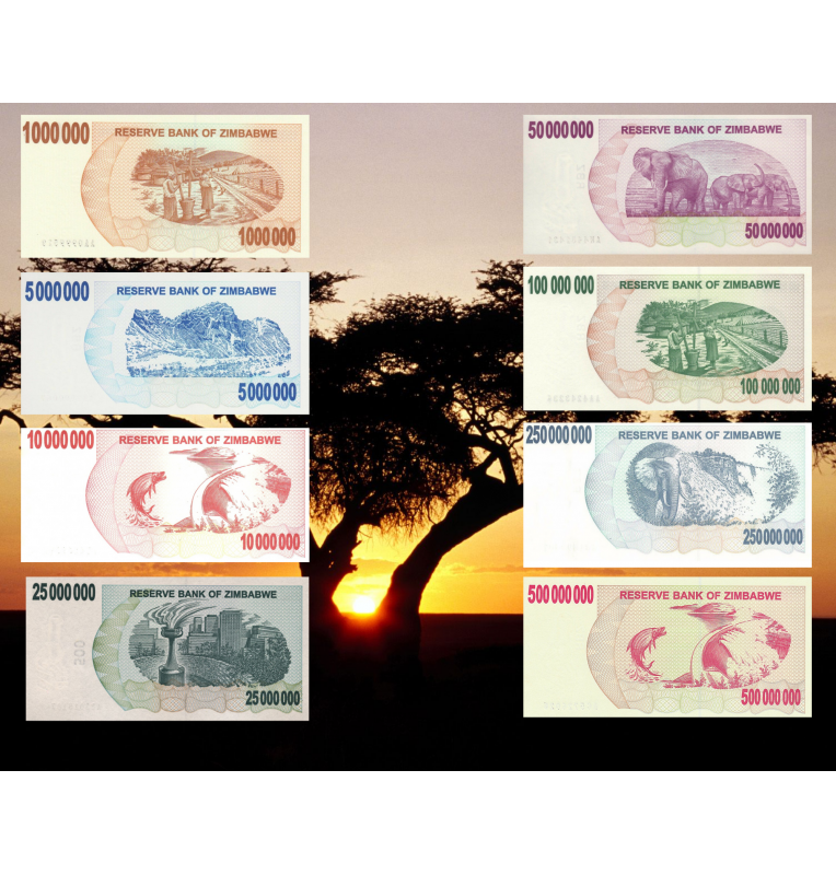 Zimbabwe Banknote Set 2008 Pick 53, 54, 55, 56, 57, 58, 59, 60